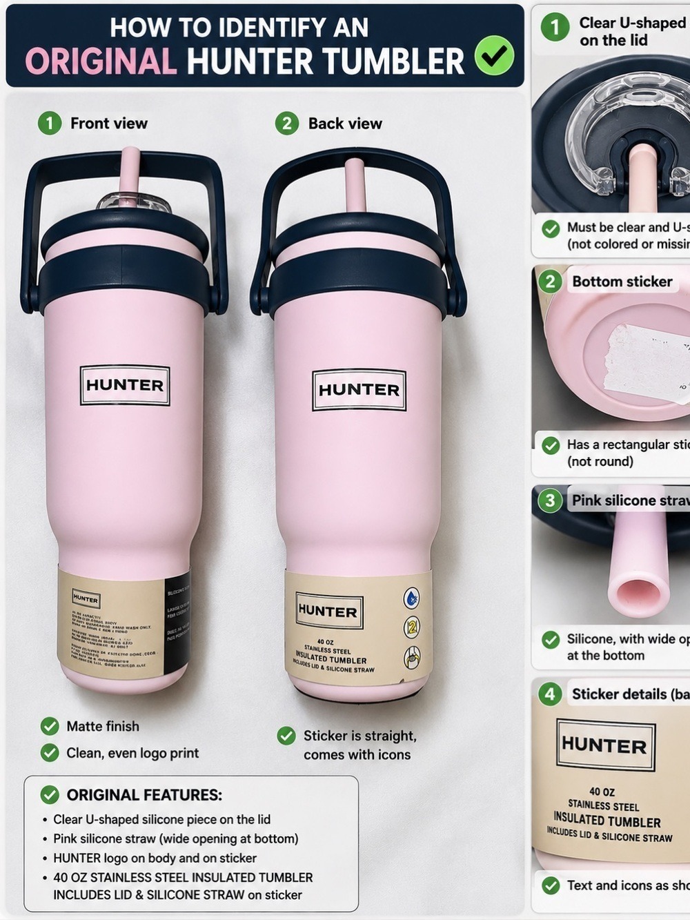 Hunter 40oz Pink Stainless Steel Insulated Tumbler Cup Straw Handle NEW